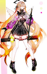 Rule 34 | 1girl, black dress, black footwear, black gloves, black ribbon, boots, brown eyes, commentary request, cross-laced footwear, dress, feathered wings, full body, gas mask, gloves, hair ornament, hair ribbon, hairclip, halo, heart, high collar, highres, holding, holding sword, holding weapon, jacket, juexing (moemoe3345), katana, lace-up boots, light brown hair, long hair, long sleeves, looking at viewer, mask, mouth mask, one eye closed, original, pleated dress, puffy long sleeves, puffy sleeves, purple jacket, respirator, ribbon, sleeves past wrists, solo, standing, sword, very long hair, weapon, white background, white wings, wings