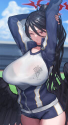 Rule 34 | 1girl, absurdres, arms up, black bra, black choker, black hair, black wings, blue archive, blue shorts, bra, bra visible through clothes, breasts, choker, feathered wings, gym shirt, gym uniform, hair between eyes, halo, hasumi (blue archive), hasumi (track) (blue archive), highres, huge breasts, jacket, lc butter, long hair, long sleeves, mole, mole under eye, official alternate costume, one eye closed, partially unzipped, ponytail, red eyes, red halo, shirt, short shorts, shorts, solo, steaming body, stretching, track jacket, underwear, very long hair, wings