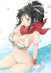 Rule 34 | 1girl, :o, arm ribbon, asuka (senran kagura), bangle, bikini, black hair, blush, bracelet, breast suppress, breasts, brown eyes, cleavage, front-tie bikini top, front-tie top, groin, hair ribbon, highres, in water, jewelry, kinako (mzknk0), large breasts, looking at viewer, multicolored bikini, multicolored clothes, multicolored stripes, open mouth, ponytail, rainbow bikini, red scarf, red wristband, ribbon, scarf, senran kagura, senran kagura shoujo-tachi no shin&#039;ei, short hair, short ponytail, side-tie bikini bottom, sitting, solo, striped bikini, striped clothes, sweatband, swimsuit, water, water drop, white ribbon