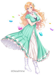 Rule 34 | 1girl, absurdres, aqua dress, arm under breasts, blonde hair, blue eyes, blush, boots, breasts, brooch, closed mouth, contrapposto, copyright notice, dress, earrings, frilled skirt, frills, full body, gem, gloves, gold, green dress, hair between eyes, hair ornament, hairclip, highres, itsuki jun, jewelry, large breasts, long dress, long hair, looking at viewer, necklace, official art, original, parted bangs, pearl necklace, short sleeves, simple background, skirt, smile, solo, taut clothes, taut dress, wavy hair, white background, white footwear