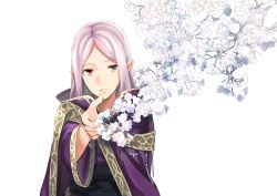 Rule 34 | 1girl, bracelet, branch, cloak, fire emblem, fire emblem: the binding blade, flower, green eyes, heterochromia, idunn (fire emblem), jewelry, light purple hair, long hair, looking at viewer, nintendo, outstretched hand, parted bangs, parted lips, pointy ears, purple eyes, shoochiku bai, simple background, solo, straight hair, upper body, white background, wide sleeves