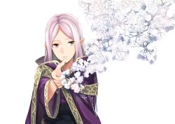 1girl bracelet branch cloak female_focus fire_emblem fire_emblem:_the_binding_blade flower green_eyes heterochromia idunn_(fire_emblem) jewelry light_purple_hair long_hair looking_at_viewer nintendo outstretched_hand parted_bangs parted_lips pointy_ears purple_eyes shoochiku_bai simple_background solo straight_hair upper_body white_background wide_sleeves