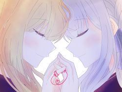 Rule 34 | 2girls, assault lily, blonde hair, blunt ends, braid, closed mouth, commentary request, closed eyes, face-to-face, facing another, forehead-to-forehead, from side, fuyusaki mafuyu, grey hair, hand up, heads together, heart, heart of string, highres, holding hands, interlocked fingers, kon kanaho, light blush, long hair, miyagawa takane, multiple girls, portrait, profile, purple ribbon, ribbon, side braid, sidelocks, simple background, smile, string, string of fate, white background, yuri