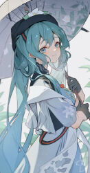 Rule 34 | 1girl, absurdres, aqua hair, beret, black gloves, black hat, blue eyes, closed mouth, cloudyman, commentary request, dress, from side, gloves, half gloves, hat, hatsune miku, highres, holding, holding umbrella, long hair, looking at viewer, smile, solo, twintails, umbrella, upper body, vocaloid, white dress