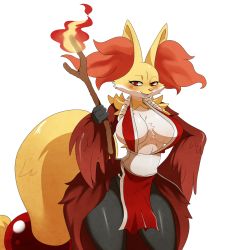 Rule 34 | 1girl, breasts, cosplay, creatures (company), delphox, eric lowery, fatal fury, female focus, fire, game freak, gen 6 pokemon, highres, huge breasts, japanese clothes, legs, looking at viewer, naughty face, ninja, nintendo, pelvic curtain, pokemon, shiranui mai, shiranui mai (cosplay), simple background, smile, snk, solo, standing, stick, the king of fighters, white background