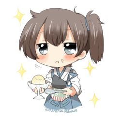 Rule 34 | 10s, 1girl, bad id, bad twitter id, blush, brown hair, eating, food, grey eyes, ice cream, kaga (kancolle), kantai collection, lowres, rebecca (keinelove), short hair, solo, spoon