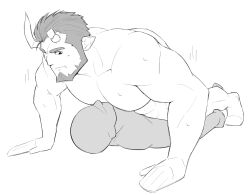 Rule 34 | 2boys, bara, beard, broken horn, cheek bulge, convenient arm, demon boy, exercising, faceless, faceless male, facial hair, full body, greyscale, highres, horns, kansuke (kansuke 717), large pectorals, live a hero, lying on person, male focus, mature male, monochrome, motion lines, multiple boys, muscular, muscular male, nessen (live a hero), pectorals, push-ups, short hair, solo focus, sweat, thick eyebrows, yaoi