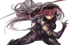 Rule 34 | 1girl, azuki (azuki-taste), bodysuit, breasts, fate/grand order, fate (series), gae bolg (fate), highres, holding, holding weapon, purple hair, red eyes, scathach (fate), scathach (fate), simple background, solo, veil, weapon, white background