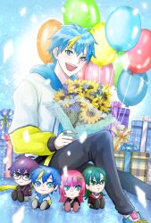 Rule 34 | 1boy, :d, aqua eyes, ayaan (ayako), balloon, black pants, blonde hair, blue hair, blush, bouquet, character doll, chrom (technoroid), cobalt (technoroid), flower, gift, highres, jacket, jewelry, kei (technoroid), long sleeves, male focus, multicolored hair, neon (technoroid), open mouth, pants, ring, shoes, short hair, sitting, smile, sneakers, streaked hair, technoroid