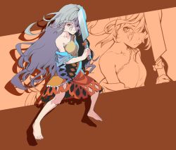Rule 34 | 1girl, bare shoulders, barefoot, blue sleeves, closed mouth, detached sleeves, dress, full body, hair between eyes, holding, holding weapon, kamabokopic, long hair, multicolored clothes, multicolored dress, nata (tool), orange dress, red dress, red eyes, sakata nemuno, single-shoulder dress, solo, touhou, wavy hair, weapon, white hair, yellow dress, zoom layer