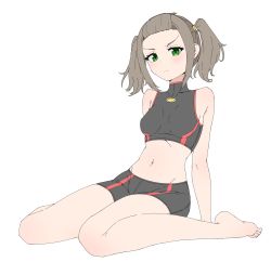 Rule 34 | &gt;:(, 1girl, absurdres, bare arms, bare legs, barefoot, black shorts, breasts, brown hair, closed mouth, commentary request, crop top, forehead, frown, green eyes, high collar, highres, kamidan, light blush, midriff, navel, shania (xenoblade), shorts, simple background, sitting, small breasts, solo, twintails, v-shaped eyebrows, white background, xenoblade chronicles (series), xenoblade chronicles 3, yokozuwari