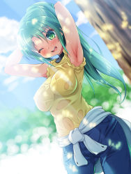 Rule 34 | 1girl, ;d, armpits, arms up, blue pants, blurry, blurry background, clothes around waist, cowboy shot, day, dutch angle, green eyes, green hair, high ponytail, highres, higurashi no naku koro ni, long hair, one eye closed, open mouth, outdoors, pants, shirt, sleeves rolled up, smile, solo, sonozaki mion, sunlight, sweat, sweater, sweater around waist, to-ya (to-ya can), very long hair, wet, wet clothes, wet shirt, yellow shirt