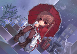 Rule 34 | boots, brown hair, brown pantyhose, dress, lolita fashion, pantyhose, pigeon-toed, red eyes, red hair, ribbon, solo, squatting, star (symbol), suzume inui, twintails, umbrella
