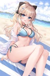 Rule 34 | 1girl, :d, absurdres, beach, beach mat, bikini, blonde hair, blue bikini, blue eyes, breasts, cleavage, commentary, elf, fanteam, feet out of frame, gluteal fold, highres, long hair, looking at viewer, medium breasts, navel, open clothes, open mouth, pointy ears, ponytail, princess connect!, saren (princess connect!), saren (summer) (princess connect!), sidelocks, sky, smile, solo, swimsuit, thighs