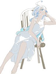 Rule 34 | 1girl, ahoge, barefoot, blue eyes, blue hair, breasts, cleavage, closed mouth, collarbone, dress, foot out of frame, full body, furina (genshin impact), genshin impact, hair between eyes, highres, legs, long hair, looking up, medium breasts, multicolored hair, on chair, sidelocks, simple background, sitting, sleeveless, sleeveless dress, solo, streaked hair, two-tone hair, white background, white dress, white hair, zhuqugeyuan
