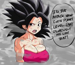 Rule 34 | 1girl, absurdres, after battle, biceps, black eyes, black hair, breasts, bruise, caulifla, cleavage, dragon ball, dragon ball super, english text, female focus, highres, injury, large breasts, looking at viewer, medium hair, muscular, muscular arms, muscular female, open mouth, pseudocel, saiyan, solo, speech bubble, spiked hair, sweat, tagme, text focus, torn clothes