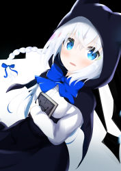 Rule 34 | 1girl, absurdres, animal ears, animal hood, black capelet, black skirt, blue bow, blue eyes, blush, book, bow, braid, capelet, cat ears, cat hood, commentary request, dutch angle, hair between eyes, hair bow, highres, holding, holding book, hood, hood up, hooded capelet, kogyokuapple, long hair, long sleeves, looking at viewer, low twintails, original, parted lips, shirt, skirt, sleeves past wrists, solo, twin braids, twintails, very long hair, white hair, white shirt