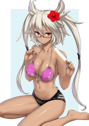 Rule 34 | 10s, 1girl, bad id, bad pixiv id, bare shoulders, barefoot, bikini, black nails, blush, breasts, cleavage, dark skin, dark-skinned female, flower, food, front-tie top, glasses, hair flower, hair ornament, hibiscus, kantai collection, large breasts, long hair, looking at viewer, musashi (kancolle), nail polish, navel, pointy hair, popsicle, red eyes, semi-rimless eyewear, short shorts, shorts, silver hair, solo, swimsuit, takemori shintarou, twintails, two side up, under-rim eyewear