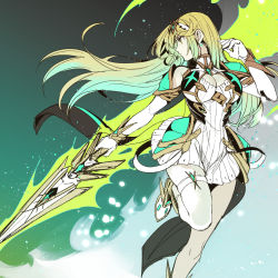 Rule 34 | 1girl, bad id, bad twitter id, bare shoulders, blonde hair, breasts, cleavage, commentary request, dress, expressionless, gem, gloves, highres, holding, holding sword, holding weapon, jewelry, large breasts, long hair, mythra (xenoblade), nintendo, pwpwap, solo, standing, standing on one leg, sword, tiara, weapon, white dress, white footwear, white gloves, xenoblade chronicles (series), xenoblade chronicles 2, yellow eyes