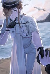 Rule 34 | 1boy, aiguillette, backlighting, beach, bird, black gloves, blonde hair, blue eyes, bracelet, cape, cropped jacket, earrings, feet out of frame, gloves, hair over one eye, half gloves, hat, holding hands, holostars, index finger raised, jacket, jewelry, leaning forward, looking at viewer, low ponytail, male focus, mellowone, mountain, multicolored hair, official alternate costume, pants, peaked cap, pink hair, pov, pov hands, seagull, shirt, short sleeves, smile, solo focus, streaked hair, sunrise, turtleneck, utsugi uyu, virtual youtuber, white cape, white headwear, white jacket, white pants, white shirt