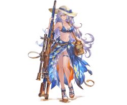 Rule 34 | 1girl, bag, bare arms, bare shoulders, bikini, braid, breasts, cleavage, closed mouth, collarbone, dagger, floral print, flower, full body, granblue fantasy, gun, hair between eyes, hat, holding, knife, large breasts, long hair, looking at viewer, midriff, minaba hideo, navel, official art, rifle, sandals, sarong, sheath, sheathed, silva (granblue fantasy), smile, sniper rifle, solo, standing, stomach, swimsuit, thigh strap, toes, transparent background, weapon, yellow eyes