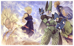 Rule 34 | 6+boys, alien, antennae, aura, blonde hair, blue hair, cell (dragon ball), cell jr, cell junior, clenched hand, clenched hands, cloud, colored skin, crossed arms, dragon ball, dragonball z, electricity, epic, family, green eyes, green skin, grin, highres, katsutake, male focus, multiple boys, muscular, piccolo, profile, purple hair, silver hair, sky, smile, son gohan, son goku, spiked hair, super saiyan, super saiyan 1, super saiyan 2, torn clothes, trunks (dragon ball), trunks (future) (dragon ball), vegeta