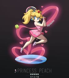 Rule 34 | 1girl, artist name, ball, bare legs, bare shoulders, black background, blonde hair, blue eyes, blue gemstone, breasts, brooch, character name, closed mouth, crown, determined, dress, earrings, eyelashes, from side, full body, gem, glowing, hair tie, heart, heart-shaped pupils, highres, holding, holding racket, jewelry, kinkymation, leg up, lips, looking at object, looking down, mario (series), mario tennis, mario tennis aces, medium breasts, medium hair, midair, nintendo, pink dress, pink footwear, pink lips, pink ribbon, pink wristband, ponytail, princess peach, racket, ribbon, shadow, shoes, short dress, simple background, sleeveless, sleeveless dress, sneakers, solo, sportswear, sweatband, symbol-shaped pupils, tennis, tennis ball, tennis court, tennis racket, tennis uniform, white footwear, white wristband, wristband