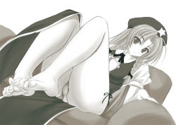 Rule 34 | 1girl, barefoot, bow, bowtie, braid, breasts, cameltoe, china dress, chinese clothes, dress, feet, female focus, foot focus, foreshortening, hat, hong meiling, large breasts, legs, long hair, long legs, looking at viewer, monochrome, panties, ribbon, rotonchan, ruton-niki, side slit, soles, solo, embodiment of scarlet devil, toenails, toes, touhou, twin braids, underwear