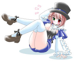 Rule 34 | 00s, 1girl, black bow, black ribbon, blue ribbon, blush, bow, breasts, brown hair, bustier, cleavage, frilled sleeves, frills, full body, green eyes, hand on headwear, hat, hat ribbon, imai kazunari, large breasts, layered sleeves, long sleeves, over-kneehighs, red eyes, ribbon, rozen maiden, shoes, short hair, short over long sleeves, short sleeves, shorts, simple background, solo, souseiseki, thighhighs, top hat, white background, white thighhighs