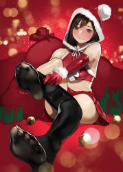 Rule 34 | 1girl, bare shoulders, black pantyhose, blush, bra, brown eyes, brown hair, closed mouth, clothes pull, commentary, dressing, elbow gloves, feet, full-face blush, full body, gift, gloves, gusset, hat, highres, hood, hood up, leg up, lens flare, looking at viewer, no shoes, original, pantyhose, pantyhose pull, pleated skirt, red bra, red gloves, red skirt, sack, santa costume, santa hat, short hair, sitting, skirt, soles, solo, toes, underwear, yomu (sgt epper)