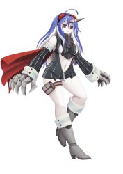 Rule 34 | 1girl, abyssal ship, ahoge, barbariank, blue hair, boots, breasts, choujigen game neptune, claws, detached sleeves, dress, full body, fusion, goggles, goggles on head, highres, horns, kantai collection, long hair, mechanical arms, medium breasts, multicolored hair, navel, neptune (series), nippon ichi (neptunia), pale skin, pouch, red eyes, seaport princess, short dress, sideboob, single horn, solo, striped, thigh pouch, transparent background, two-tone hair, unzipped, vertical stripes, white hair