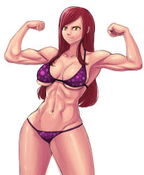 Rule 34 | 1girl, abs, bikini, breasts, double biceps pose, erza scarlet, fairy tail, flexing, kyoffie, large breasts, long hair, muscular, muscular female, navel, polka dot, polka dot bikini, polka dot swimsuit, purple bikini, red hair, smile, solo, swimsuit, yellow eyes