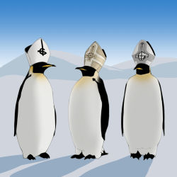 Rule 34 | animal, animal focus, beak, bird, blue sky, day, emperor penguin, erumil, ghost (band), hat, highres, logo, mitre, mountain, no humans, outdoors, penguin, shadow, sky, snow, standing, wings