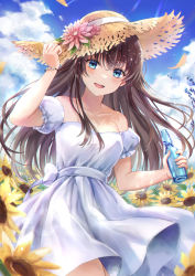 Rule 34 | 1girl, :d, blue eyes, blue sky, bottle, brown hair, cloud, collarbone, commentary request, dress, flower, hat, highres, holding, holding bottle, long hair, looking at viewer, open mouth, original, outdoors, puffy short sleeves, puffy sleeves, short sleeves, sky, smile, solo, straw hat, sunflower, tsumugi 8345, water drop, white dress