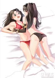 Rule 34 | 2girls, artist name, ass, back, bare legs, bare shoulders, barefoot, bed, between legs, bikini, bikini bottom only, black bikini, black detached sleeves, blush, breasts, brown hair, detached sleeves, dual persona, embarrassed, fate/grand order, fate/stay night, fate (series), female focus, from behind, girl on top, green eyes, hair ribbon, holding another&#039;s wrist, ishtar (fate), legs, long hair, looking at another, looking at viewer, looking back, lying, multiple girls, on back, open mouth, parted lips, red bikini, red eyes, ribbon, seamus, selfcest, shiny skin, shy, smile, swimsuit, tohsaka rin, topless, two side up, type-moon, yuri