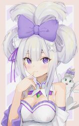 Rule 34 | 1girl, alternate hairstyle, bare shoulders, blush, breasts, bright pupils, brown background, cat, cleavage, detached sleeves, dress, elf, emilia (re:zero), finger to mouth, flower, gem, green eyes, green gemstone, hair flower, hair ornament, hair ribbon, hair up, hand to own mouth, highres, long hair, looking at viewer, medium breasts, pointy ears, puck (re:zero), purple eyes, purple ribbon, re:zero kara hajimeru isekai seikatsu, ribbon, rose, simple background, smile, solo, striped, striped background, tarunyan, white dress, white flower, white hair, white rose, x hair ornament