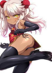 Rule 34 | 1girl, ass, bare shoulders, black footwear, black gloves, black panties, black thighhighs, blush, breasts, bun cover, china dress, chinese clothes, chloe von einzbern, closed mouth, dark-skinned female, dark skin, double bun, dress, elbow gloves, fate/kaleid liner prisma illya, fate (series), gloves, hair bun, high heels, highres, leg up, licking lips, long hair, looking at viewer, panties, pelvic curtain, pink hair, red dress, shimejinameko, simple background, small breasts, smile, solo, swept bangs, thighhighs, thighs, tongue, tongue out, underwear, white background, yellow eyes
