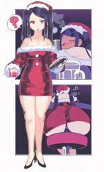 Rule 34 | 1girl, ?, ass, bar (place), bare shoulders, bartender, beer mug, breasts, christmas, cocktail, cocktail glass, cocktail shaker, commentary, cup, dress, drinking glass, drunk, high heels, highres, holding, holding shaker, inkerton-kun, jill stingray, long hair, looking at viewer, medium breasts, mug, open mouth, purple hair, red eyes, santa dress, smoking, stiletto heels, stool, twintails, va-11 hall-a