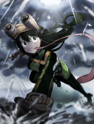 Rule 34 | 10s, 1girl, asui tsuyu, bad id, bad pixiv id, black hair, bodysuit, boku no hero academia, boots, breasts, gensei ruri, gloves, goggles, hair rings, highres, jumpsuit, long hair, rain, solo, thigh boots, thighhighs, tongue, tongue out