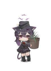 Rule 34 | 1girl, absurdres, animal ear fluff, animal ears, black footwear, black hair, black hat, black jacket, black skirt, blue archive, blush, boots, cat ears, cat girl, cat tail, chibi, closed mouth, dokomon, flower pot, full body, garrison cap, hair between eyes, hair ornament, hairclip, halo, haruka (blue archive), hat, highres, holding, jacket, kemonomimi mode, long sleeves, looking at viewer, plant, pleated skirt, potted plant, purple eyes, shadow, simple background, skirt, sleeves past wrists, solo, standing, sweat, tail, white background