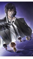 Rule 34 | 1boy, absurdres, bai liu, black gloves, black hair, black jacket, black necktie, chair, collared shirt, formal, gloves, hair between eyes, hand on own cheek, hand on own face, hand puppet, highres, i became a god in a horror game, jacket, long hair, long sleeves, moranhuishou878, necktie, office chair, puppet, puppet strings, shirt, solo, suit, suit jacket, swivel chair, white shirt