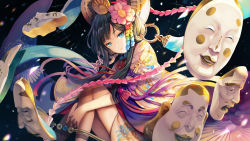 Rule 34 | 1girl, black hair, blue eyes, bow, commentary request, floating, floating object, flower, hair flower, hair ornament, headpiece, hugging own legs, japanese clothes, jewelry, kanzashi, kimono, knees up, long hair, mask, unworn mask, noh mask, onmyoji, petals, pink bow, pink flower, purple bow, ring, sibyl, solo, wide sleeves