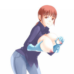 Rule 34 | 1girl, grabbing another&#039;s breast, breasts, breasts out, denim, from side, gloves, grabbing, huge breasts, jeans, kadan (ad1999), looking at viewer, open clothes, open shirt, original, pants, red eyes, red hair, shirt, smile, solo, white background