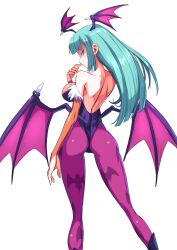 1girl ass bat_wings boots breasts capcom demon_girl green_eyes green_hair highres large_breasts leotard long_hair looking_at_viewer looking_back morrigan_aensland naughty_face seductive_gaze seductive_smile sideboob smile solo vampire_(game) wings