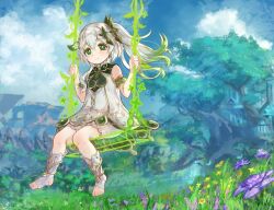 Rule 34 | 1girl, bare shoulders, bloomers, blue sky, blush, closed mouth, cloud, cloudy sky, commentary request, cross-shaped pupils, day, dress, flower, genshin impact, gradient hair, green eyes, green hair, hair ornament, hands up, highres, hikari niji, multicolored hair, nahida (genshin impact), no shoes, outdoors, pointy ears, purple flower, side ponytail, sitting, sky, sleeveless, sleeveless dress, smile, socks, solo, stirrup legwear, swing, symbol-shaped pupils, toeless legwear, transparent, tree, underwear, white bloomers, white dress, white socks, yellow flower