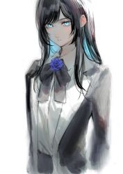 Rule 34 | 1girl, ado (utaite), adochansukisuki, black bow, black bowtie, black coat, black hair, blue eyes, blue flower, blue hair, blue rose, bow, bowtie, chando (ado), cloud nine inc, coat, collared shirt, colored inner hair, commentary request, cowboy shot, dress shirt, flower, flower brooch, highres, long hair, long sleeves, looking at viewer, mole, mole under mouth, multicolored hair, open clothes, open coat, parted lips, rose, shirt, sidelocks, simple background, solo, two-tone hair, utaite, white background, white shirt