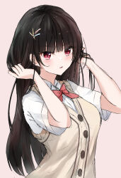 Rule 34 | 1girl, black hair, blunt bangs, blush, bow, bowtie, breasts, buttons, cardigan vest, collared shirt, hair ornament, hairclip, hands in hair, hands up, highres, large breasts, long hair, looking at viewer, original, parted lips, red bow, red bowtie, red eyes, school uniform, shirt, short sleeves, simple background, sketch, solo, sweater vest, tan (kiriya0752), uniform, upper body, white shirt, x hair ornament