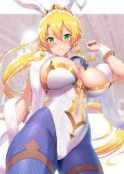 Rule 34 | &gt;:), 1girl, absurdres, animal ears, areola slip, artoria pendragon (all), artoria pendragon (fate), artoria pendragon (swimsuit ruler) (fate), artoria pendragon (swimsuit ruler) (fate) (cosplay), blonde hair, blue pantyhose, blush, braid, breasts, center opening, cleavage, closed mouth, commentary request, cosplay, cowboy shot, elf, fairy, fake animal ears, fate/grand order, fate (series), from below, gluteal fold, green eyes, green nails, hand up, high ponytail, highleg, highleg leotard, highres, kawase seiki, large breasts, leafa, leotard, long ears, long hair, look-alike, looking at viewer, looking down, nail polish, pantyhose, playboy bunny, pointy ears, rabbit ears, revision, shawl, sidelocks, smile, solo, strapless, strapless leotard, sword art online, thigh strap, twin braids, v-shaped eyebrows, very long hair, white leotard, wrist cuffs