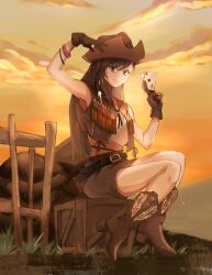 Rule 34 | 1girl, ace (playing card), ace of hearts, azao 0, bare shoulders, beads, belt, belt buckle, black belt, boots, bracelet, breasts, brown eyes, brown footwear, brown gloves, brown hair, brown hat, brown skirt, brown vest, buckle, card, cloud, cloudy sky, cowboy boots, cowboy hat, cowgirl (western), crate, crisis core final fantasy vii, crop top, final fantasy, final fantasy vii, fringe trim, full body, gloves, grass, hair beads, hair between eyes, hair ornament, hat, heart, highres, holding, holding card, holding clothes, holding hat, jewelry, joker (playing card), leather vest, looking at viewer, medium breasts, midriff, official alternate costume, outdoors, playing card, shirt, sitting, skirt, sky, sleeveless, sleeveless shirt, smile, solo, sunset, tifa lockhart, tifa lockhart (cowgirl), vest, white shirt, wooden box