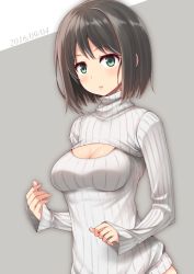 Rule 34 | 10s, 1girl, 2016, :o, bad id, bad pixiv id, blush, breasts, brown hair, cleavage, cleavage cutout, clothing cutout, dated, eyebrows, grey background, long sleeves, looking at viewer, meme attire, open-chest sweater, original, parted lips, ribucci, shiny skin, simple background, solo, striped, sweater, tareme, turtleneck, upper body, vertical stripes